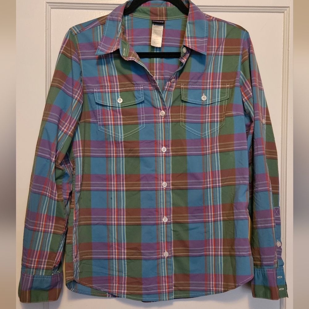 Women's Patagonia Plaid Button-Up Shirt in Blue, Green & Purple - Picture 1 of 7